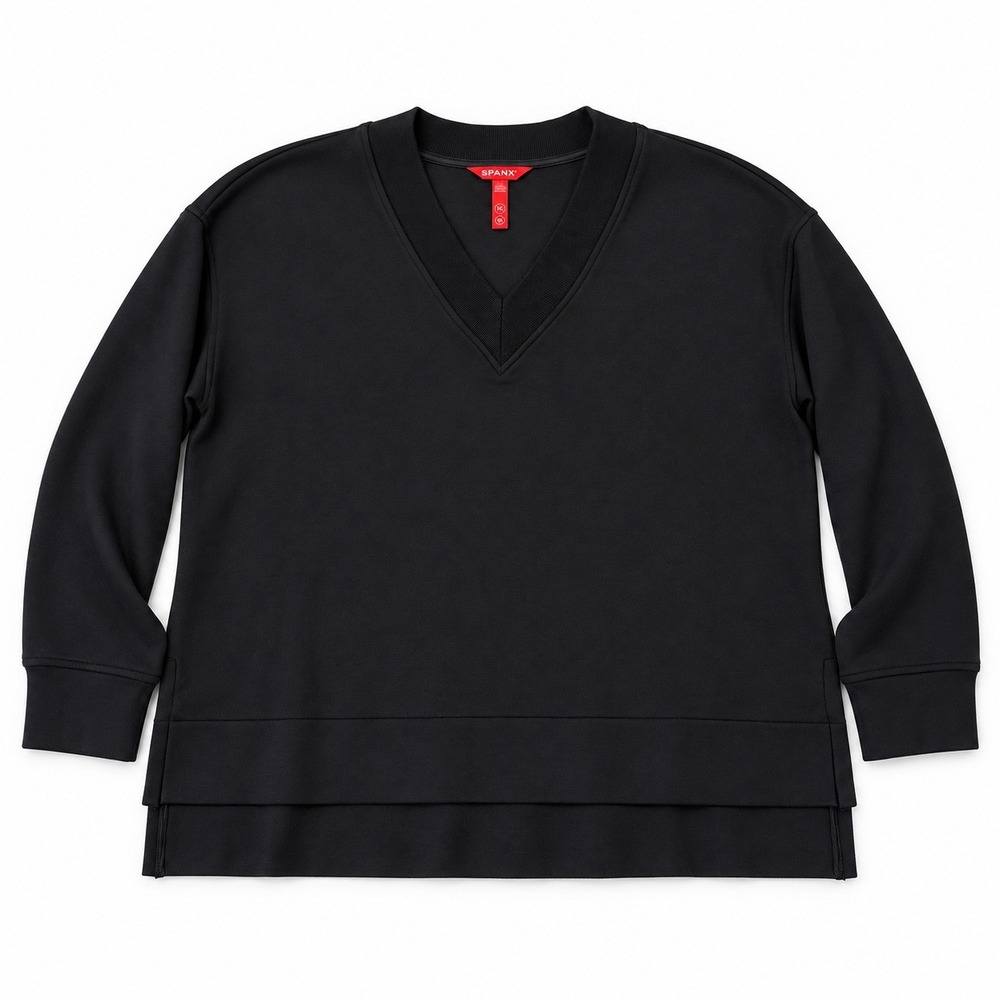 Spanx AirEssentials V-Neck Sweatshirt Black XL Pullover Step Hem Relaxed Fit